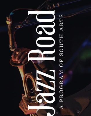 Color photo od a musician playing a trumpet with the Word Jazz Road over top.