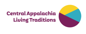 Logo mark is a circle with yellow, blue, and plum geometric sections designed to look like stylized mountains. To the left are the word Central Appalachia Living Traditions in plum colored type.
