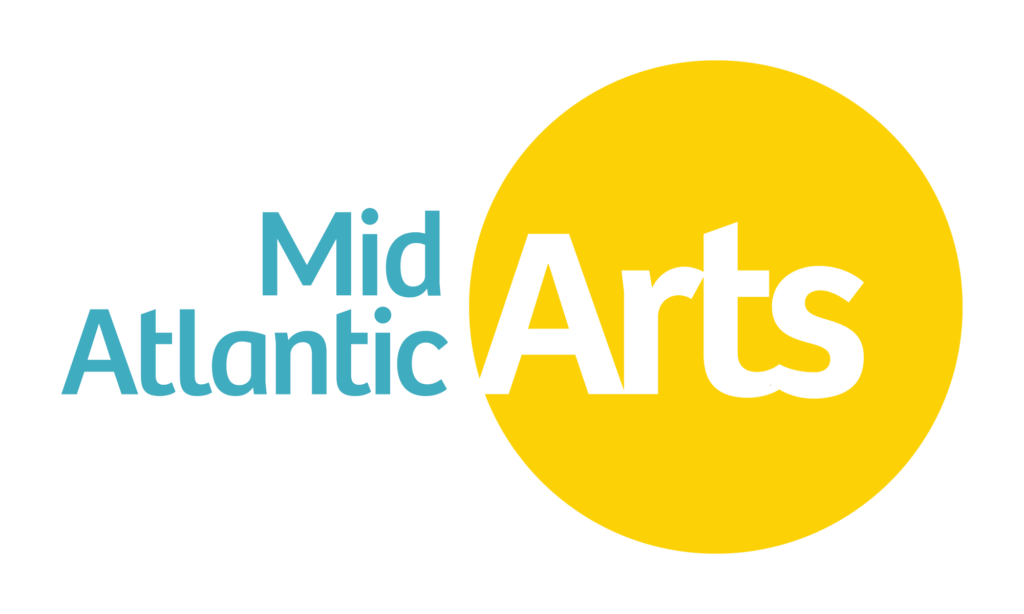 Mid Atlantic Arts Reverse Logo. The words Mid Atlantic are stacked in a teal blue next to a larger scale word Arts in white in a bright yellow circle.