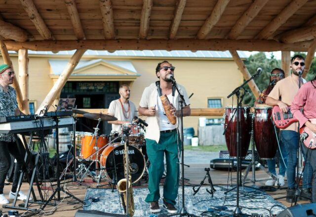 Musicians play a range of instruments on an outdoor stage.