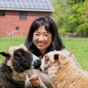 Anne Choi is a medium light skinned individual with shoulder length dark hair. Anne is wearing a wool sweater and is photographed with two sheep outside in a field.